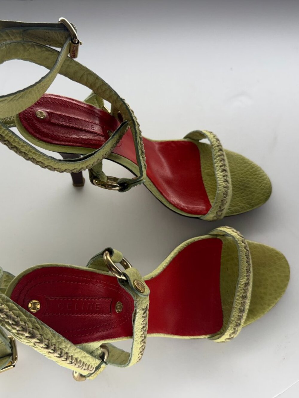 CELINE STRAPPY LEATHER HEELS IN PISTACHIO GREEN